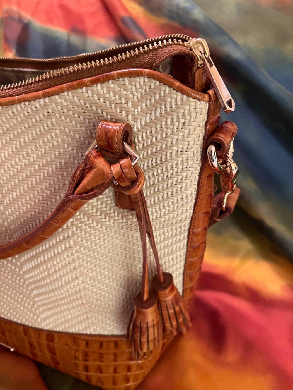 Brahmin Woven Herringbone Straw & Croc Leather Tassel Hobo Shoulder Bag - Picture 5 of 10